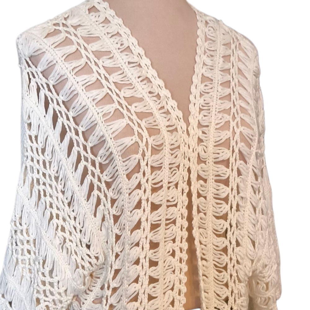 American Threads Cream Crochet Cardigan with Fringe